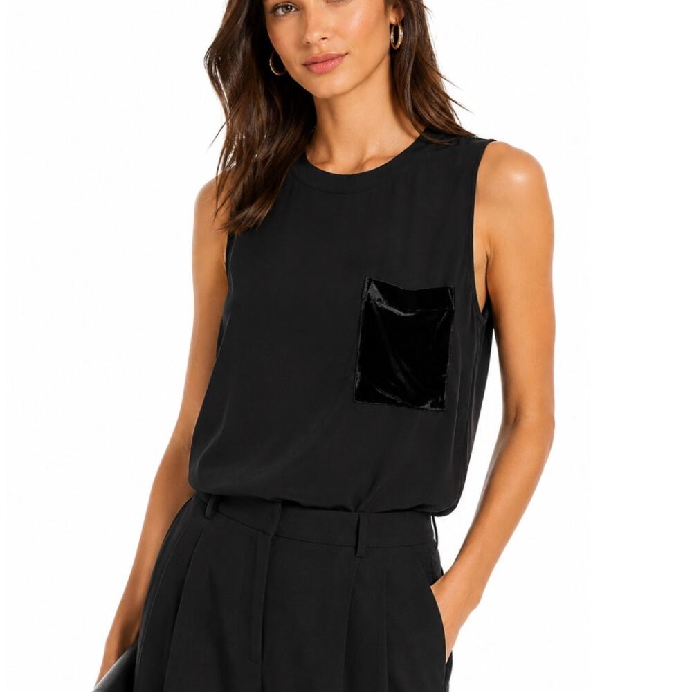 A.L.C. Black 100% Silk Sleeveless Blouse Velvet Pocket Shell Top Minimalist SZ 4